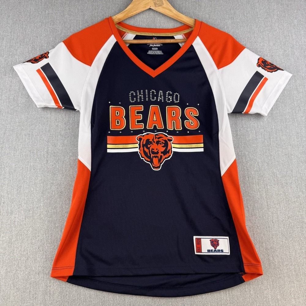 Majestic Chicago Bears Girls S Jersey Shirt Rhinestone NFL Navy Orange NWOT